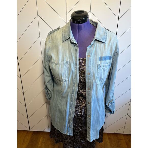 Life in Progress Bleach Distress Button Long Sleeve Blue Denim Shirt Grandpacore - Picture 1 of 9